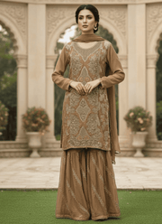 Brown Pakistani Dress – Embroidered Chiffon 4-Piece Set 6