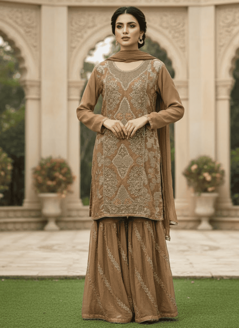 Brown Pakistani Dress – Embroidered Chiffon 4-Piece Set