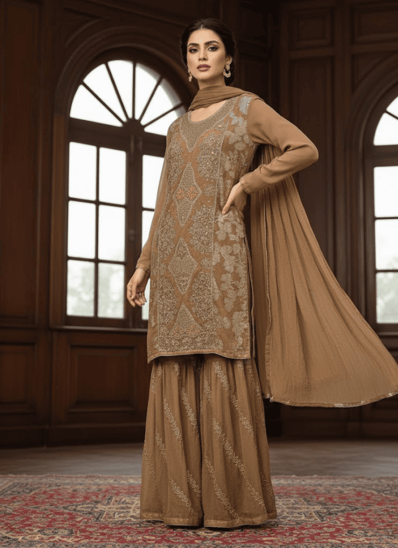 Brown Pakistani Dress – Embroidered Chiffon 4-Piece Set