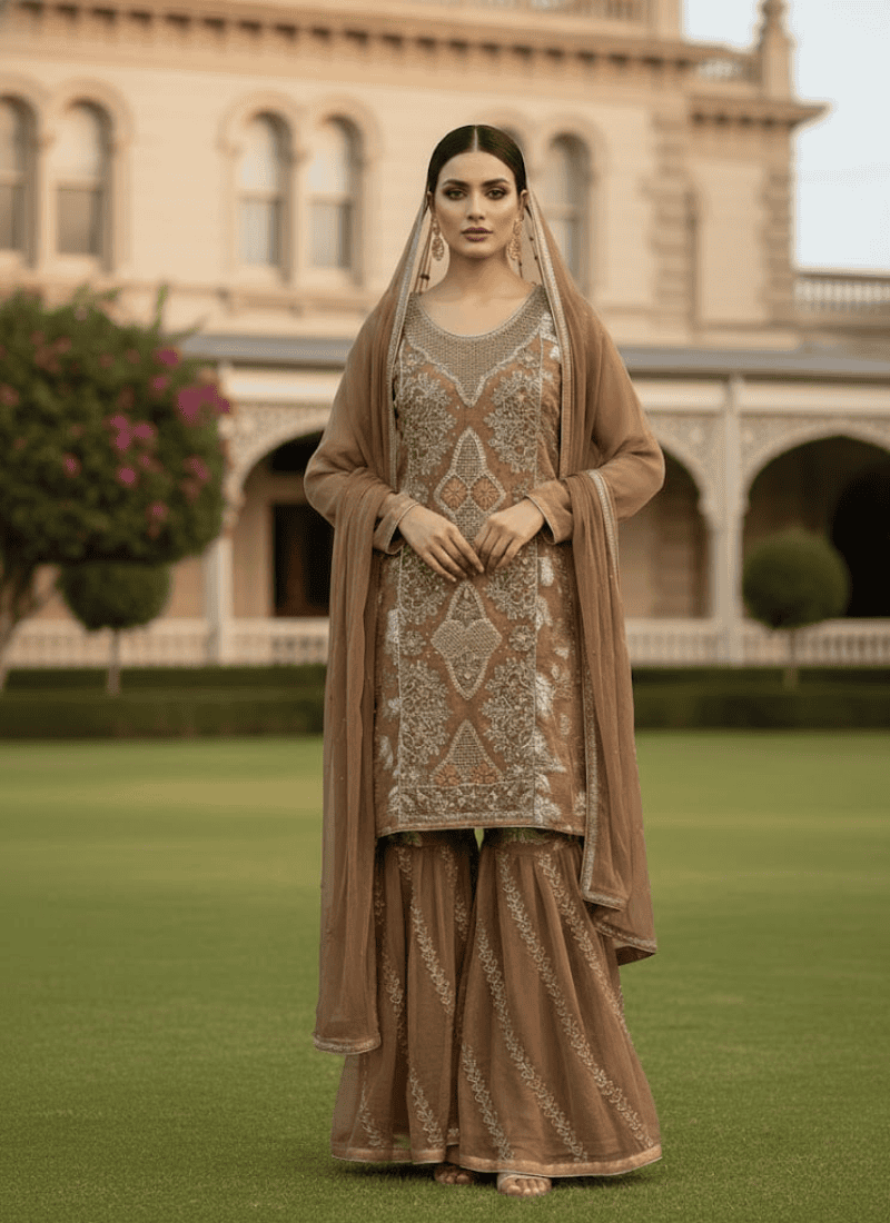Brown Pakistani Dress – Embroidered Chiffon 4-Piece Set