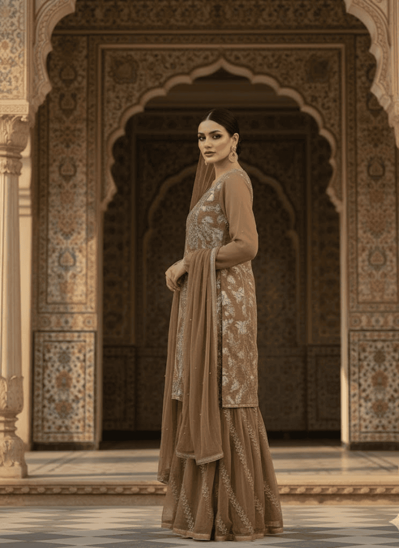 Brown Pakistani Dress – Embroidered Chiffon 4-Piece Set