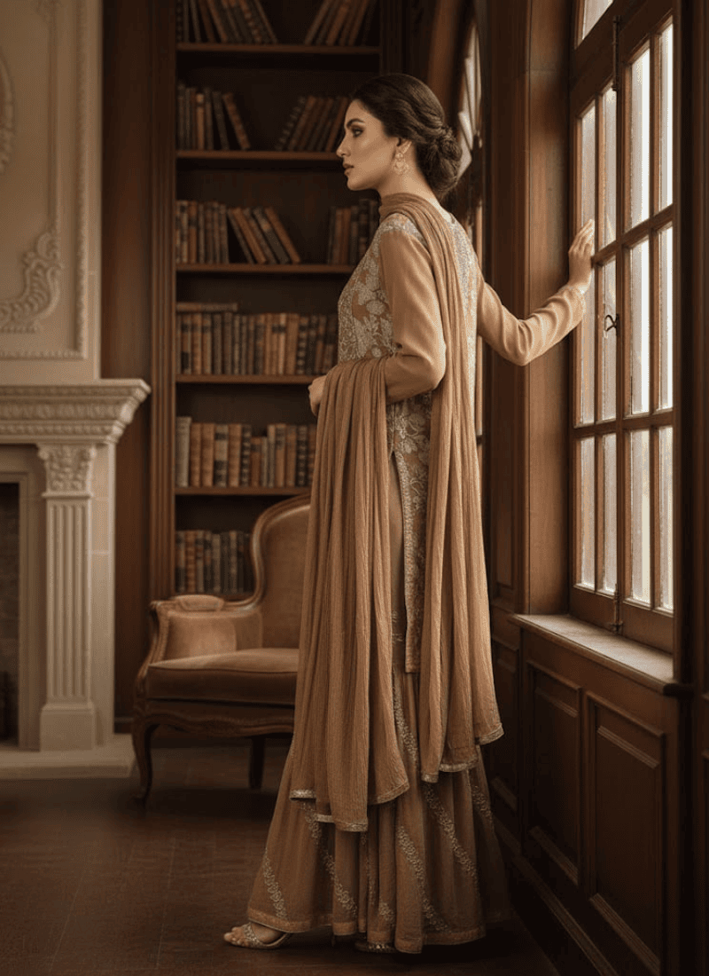 Brown Pakistani Dress – Embroidered Chiffon 4-Piece Set