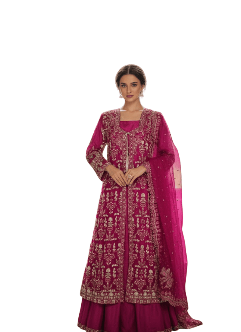 Dark Magenta Pakistani Gown – Embroidered Organza Dupatta