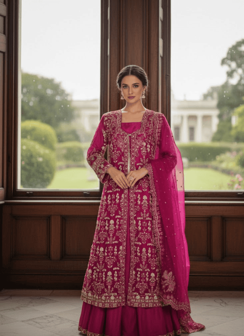 Dark Magenta Pakistani Gown – Embroidered Organza Dupatta