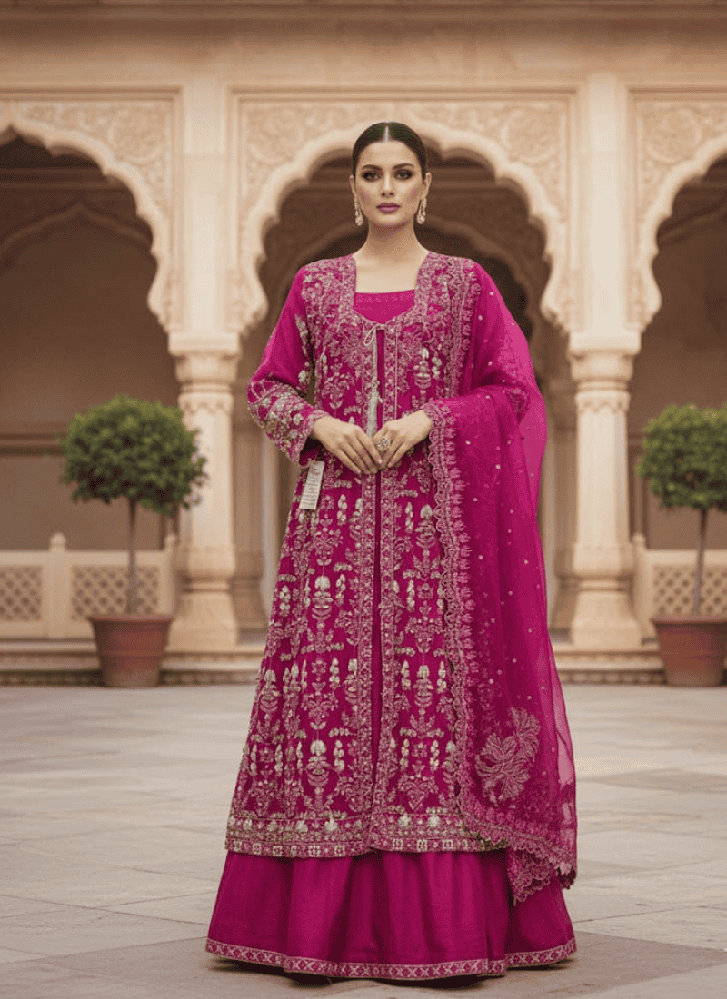 Dark Magenta Pakistani Gown – Embroidered Organza Dupatta