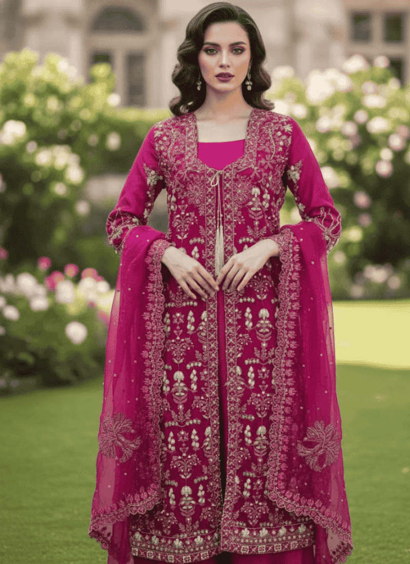Dark Magenta Pakistani Gown – Embroidered Organza Dupatta