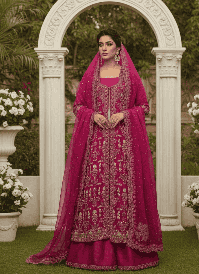 Dark Magenta Pakistani Gown – Embroidered Organza Dupatta