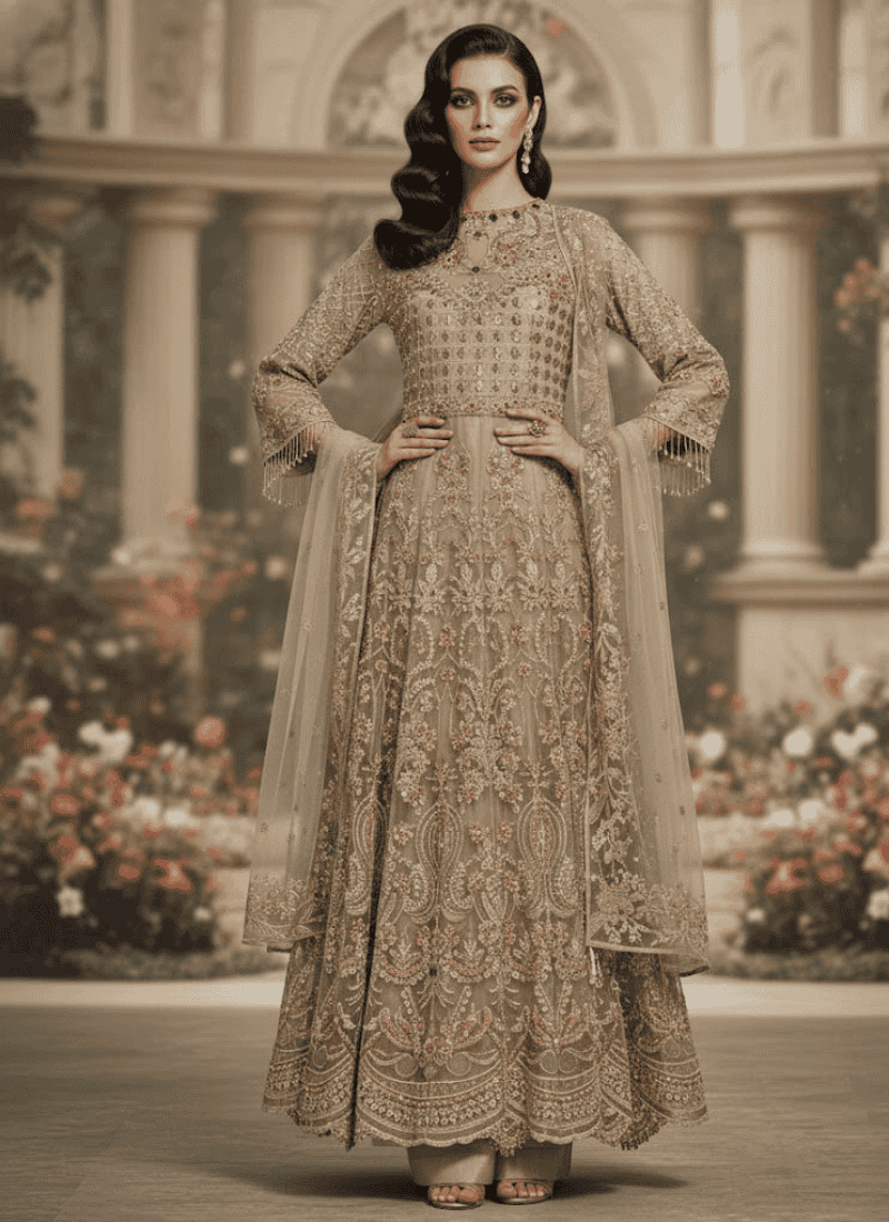 Chic Beige Pakistani Gown with Dupatta