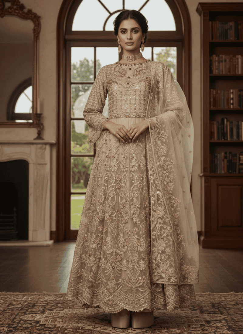 Chic Beige Pakistani Gown with Dupatta