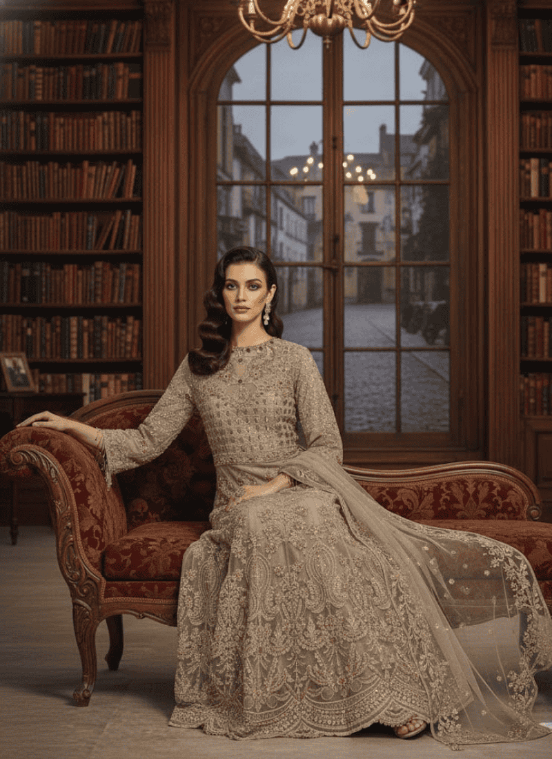 Chic Beige Pakistani Gown with Dupatta