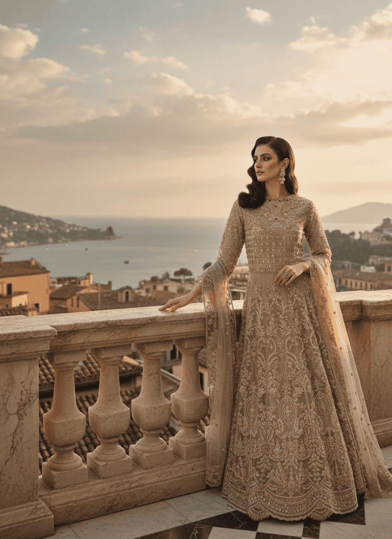 Chic Beige Pakistani Gown with Dupatta