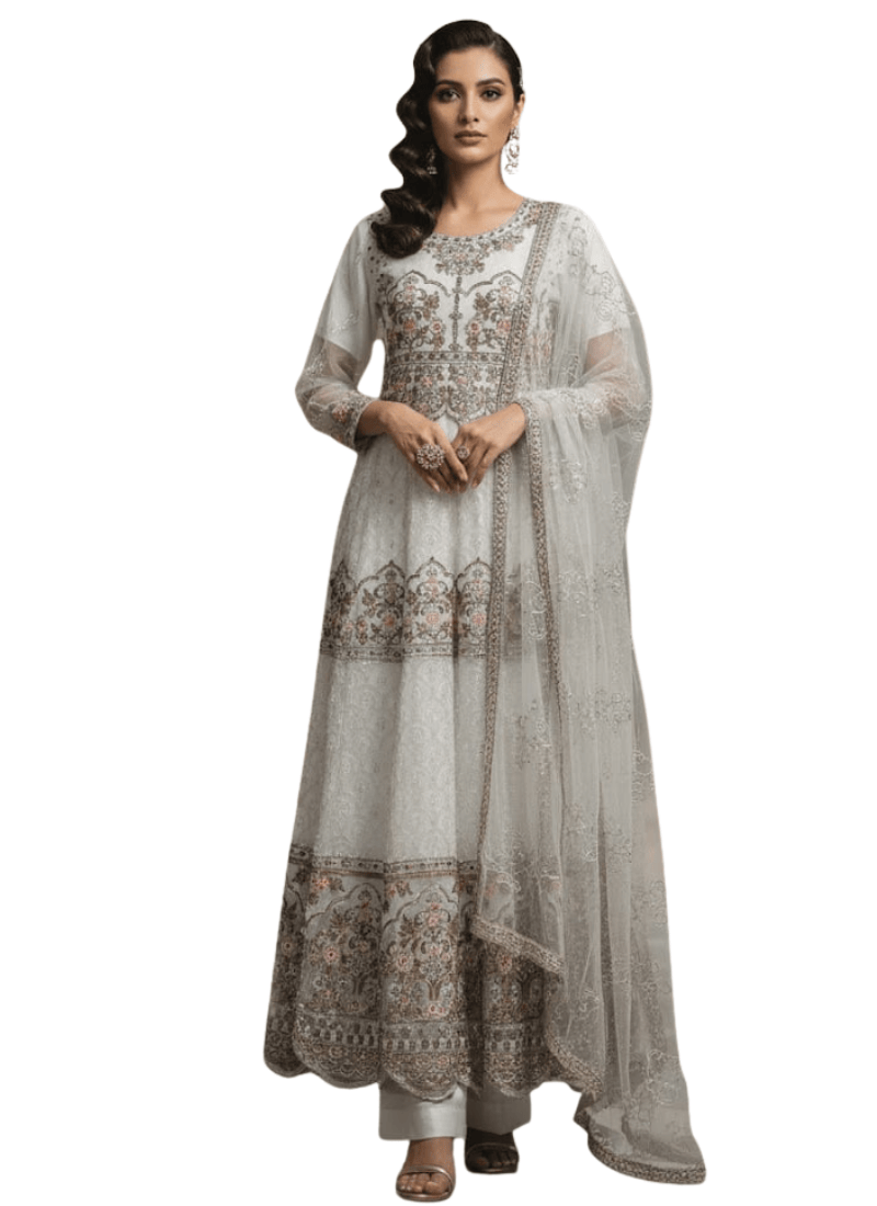 Elegant White Pakistani Anarkali Suit with Dupatta