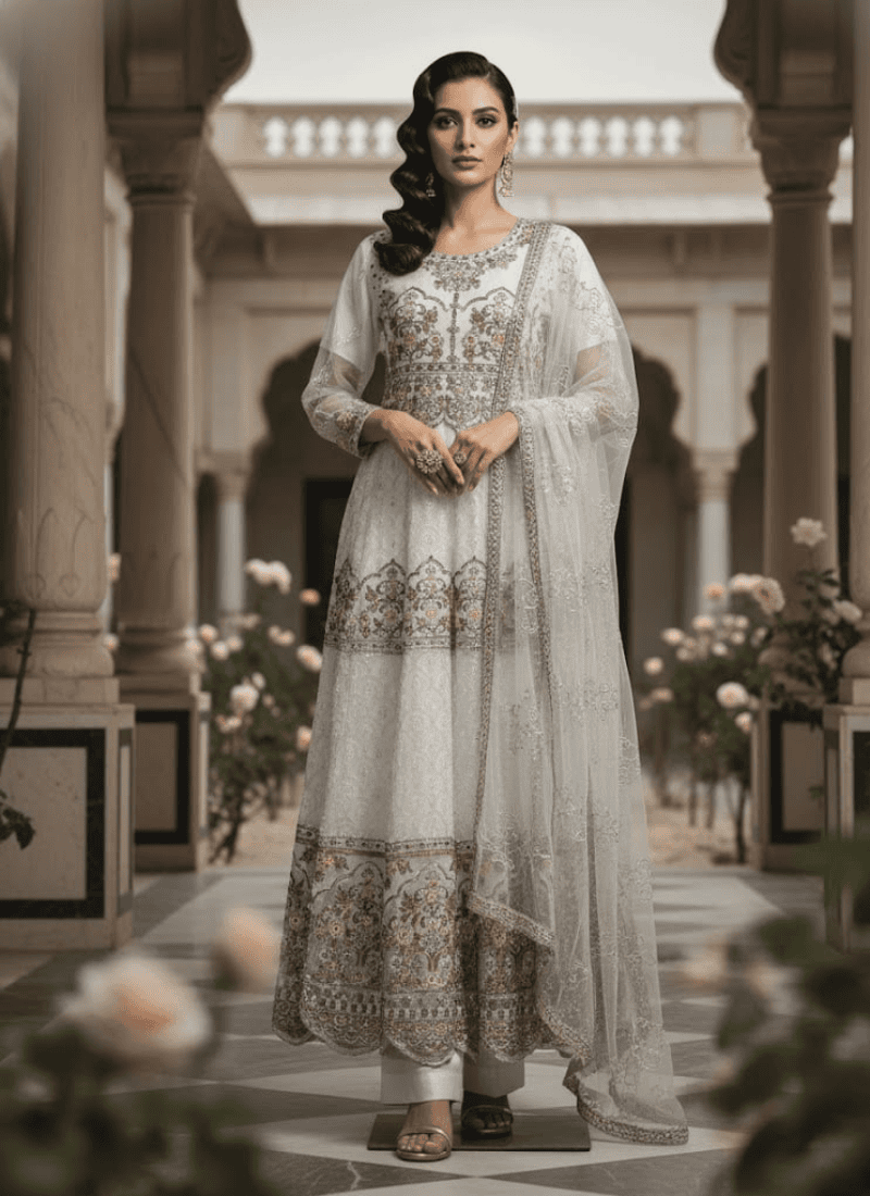 Elegant White Pakistani Anarkali Suit with Dupatta