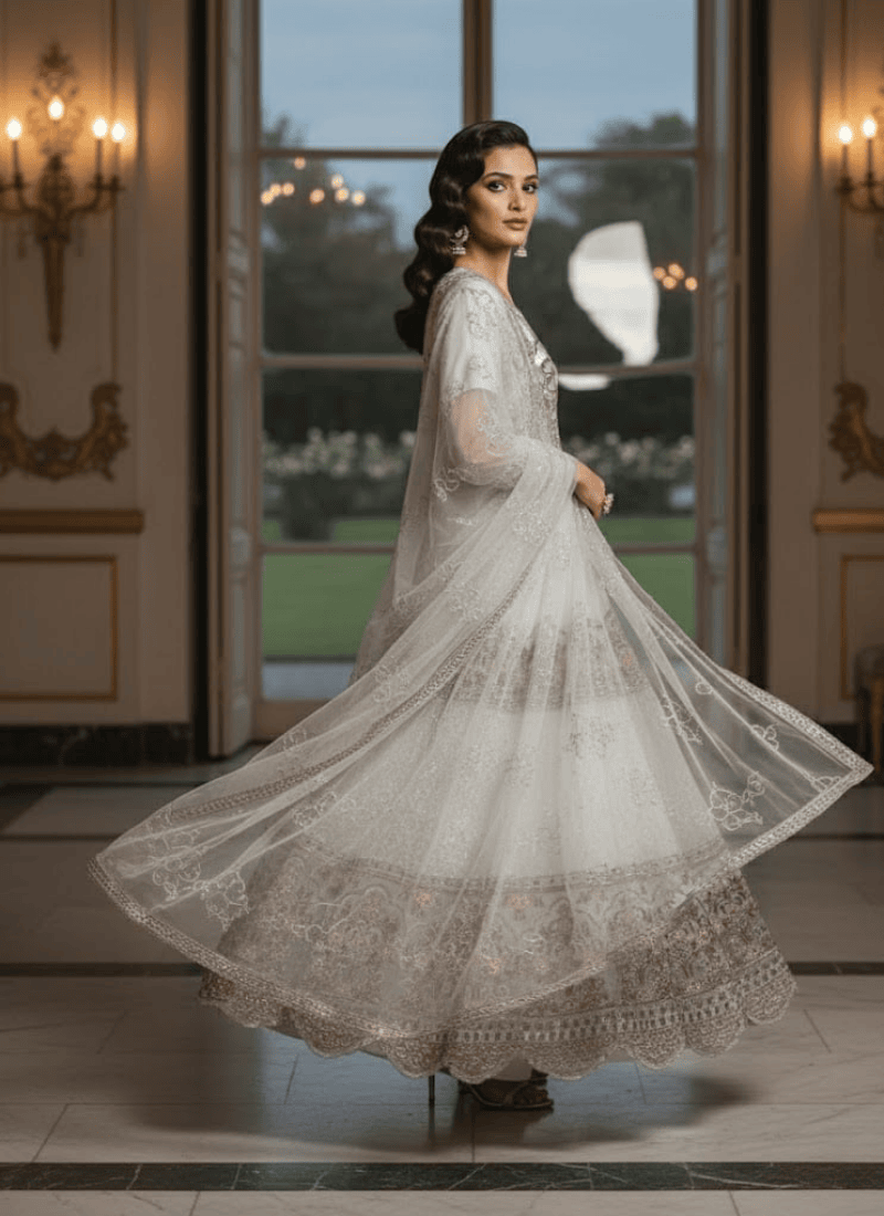 Elegant White Pakistani Anarkali Suit with Dupatta