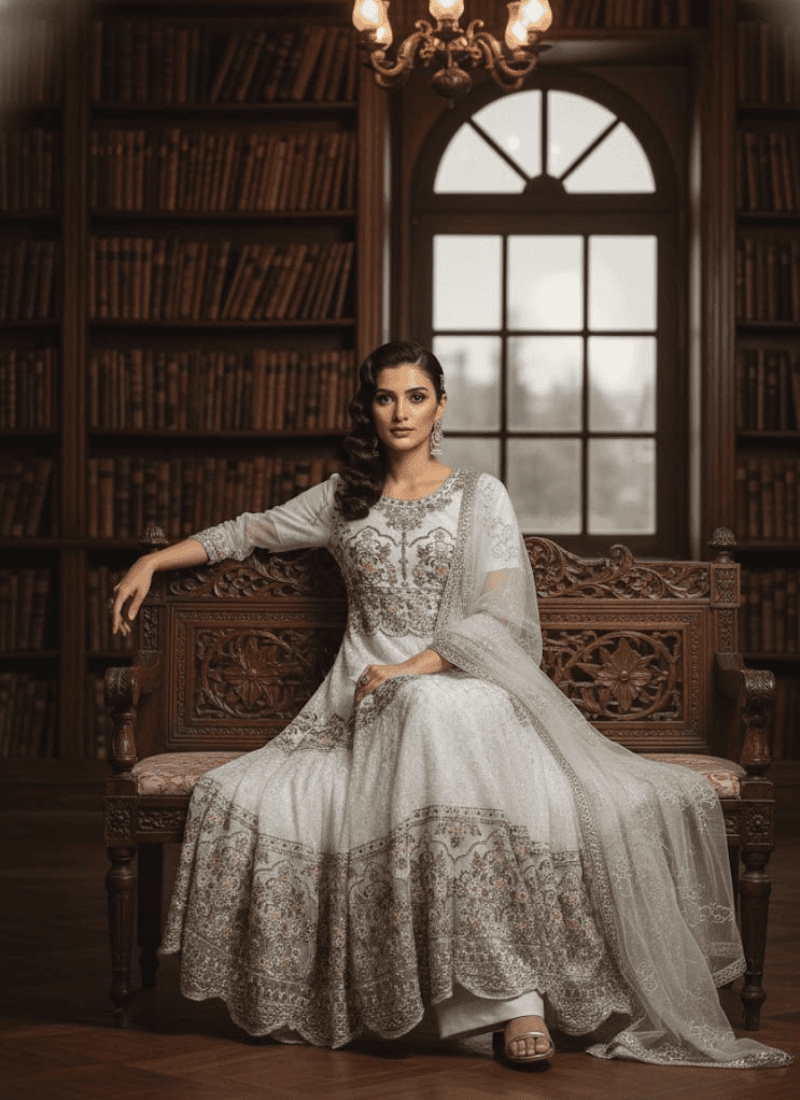 Elegant White Pakistani Anarkali Suit with Dupatta