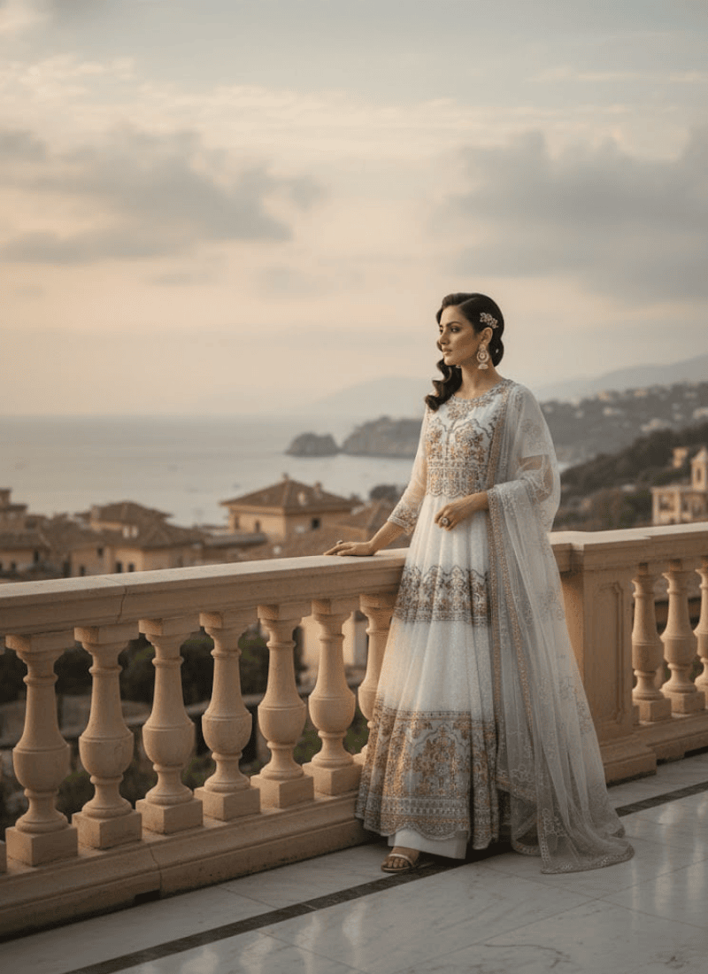 Elegant White Pakistani Anarkali Suit with Dupatta