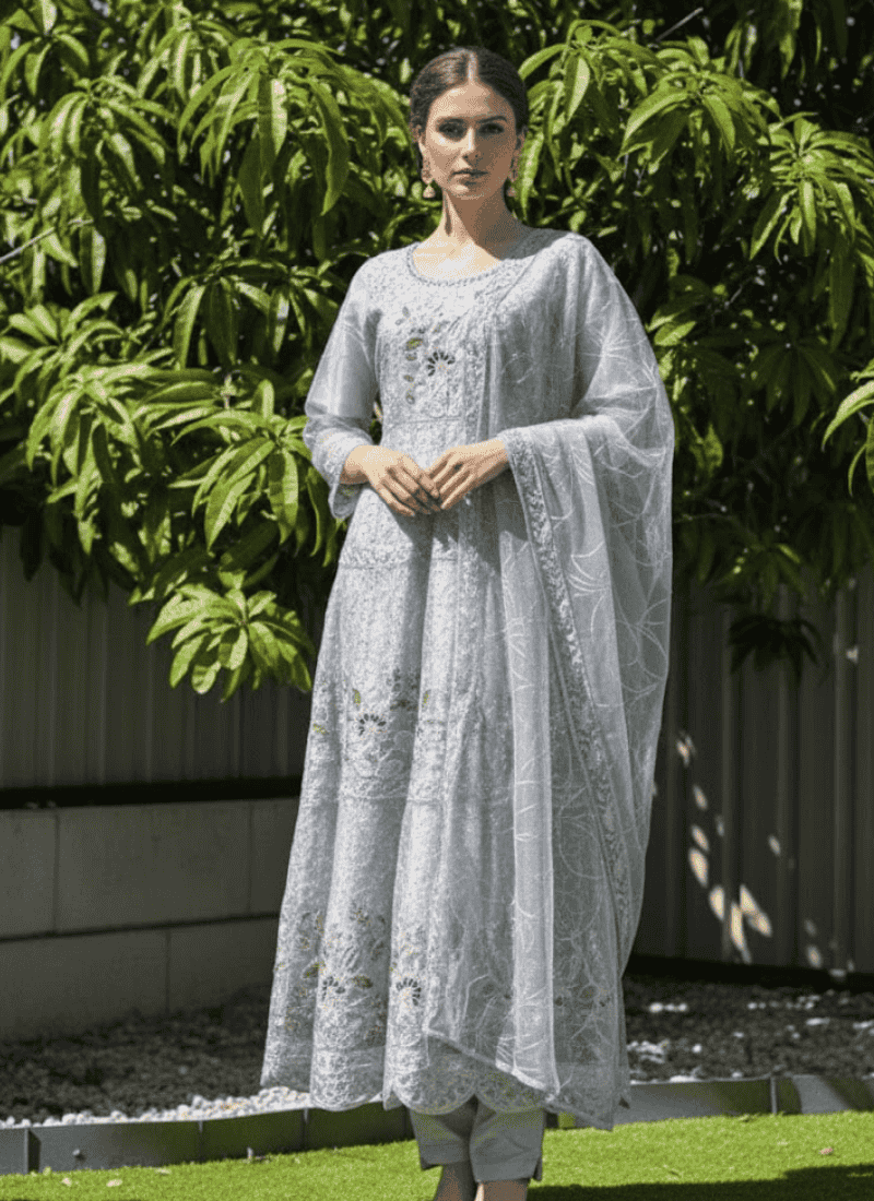 Graceful Grey Pakistani Anarkali Suit with Dupatta