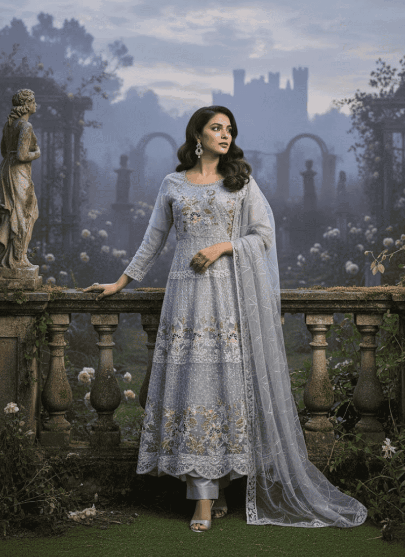 Graceful Grey Pakistani Anarkali Suit with Dupatta