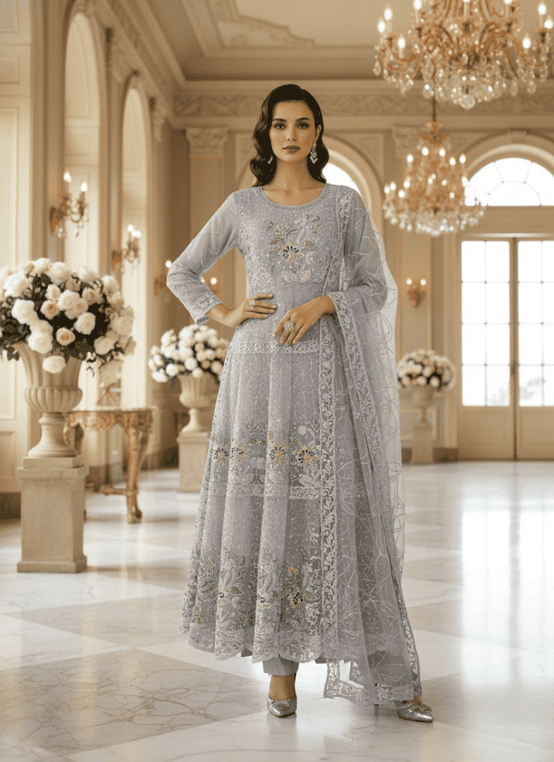 Graceful Grey Pakistani Anarkali Suit with Dupatta