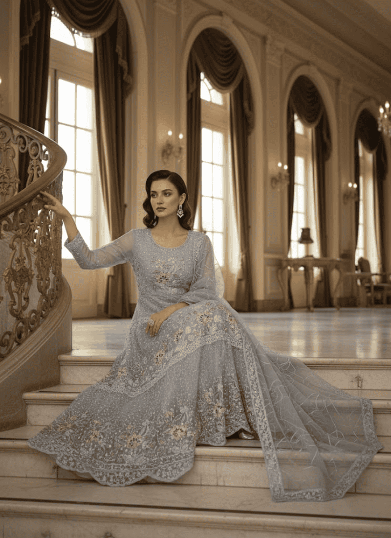 Graceful Grey Pakistani Anarkali Suit with Dupatta