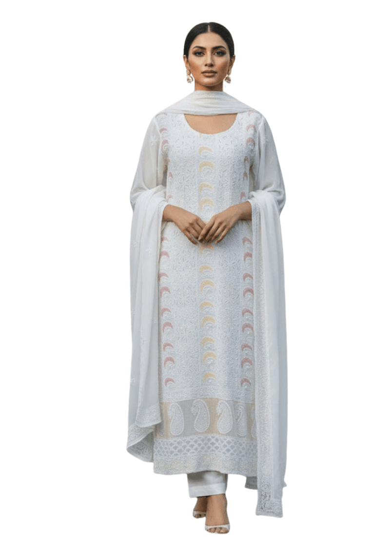 White Lucknow Handloom Salwar Suit – Hand-Embroidered Chiffon