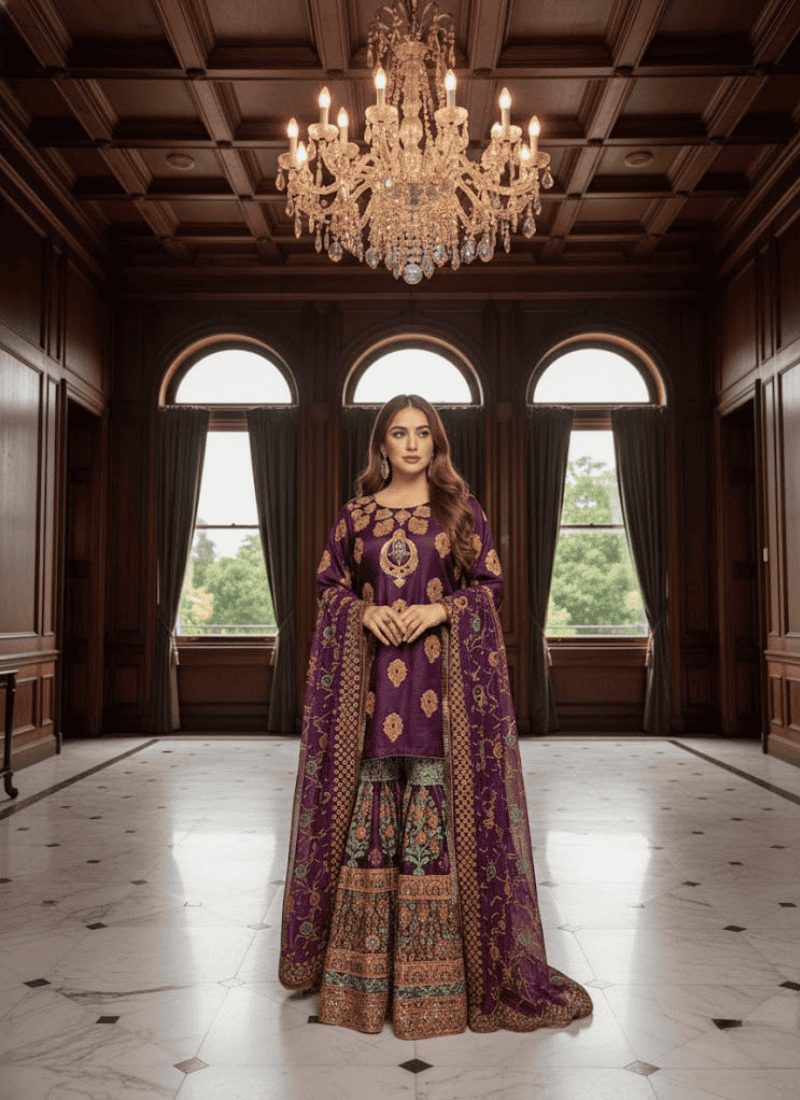 Pakistani Sharara Suit – Dark Purple Royal Elegance
