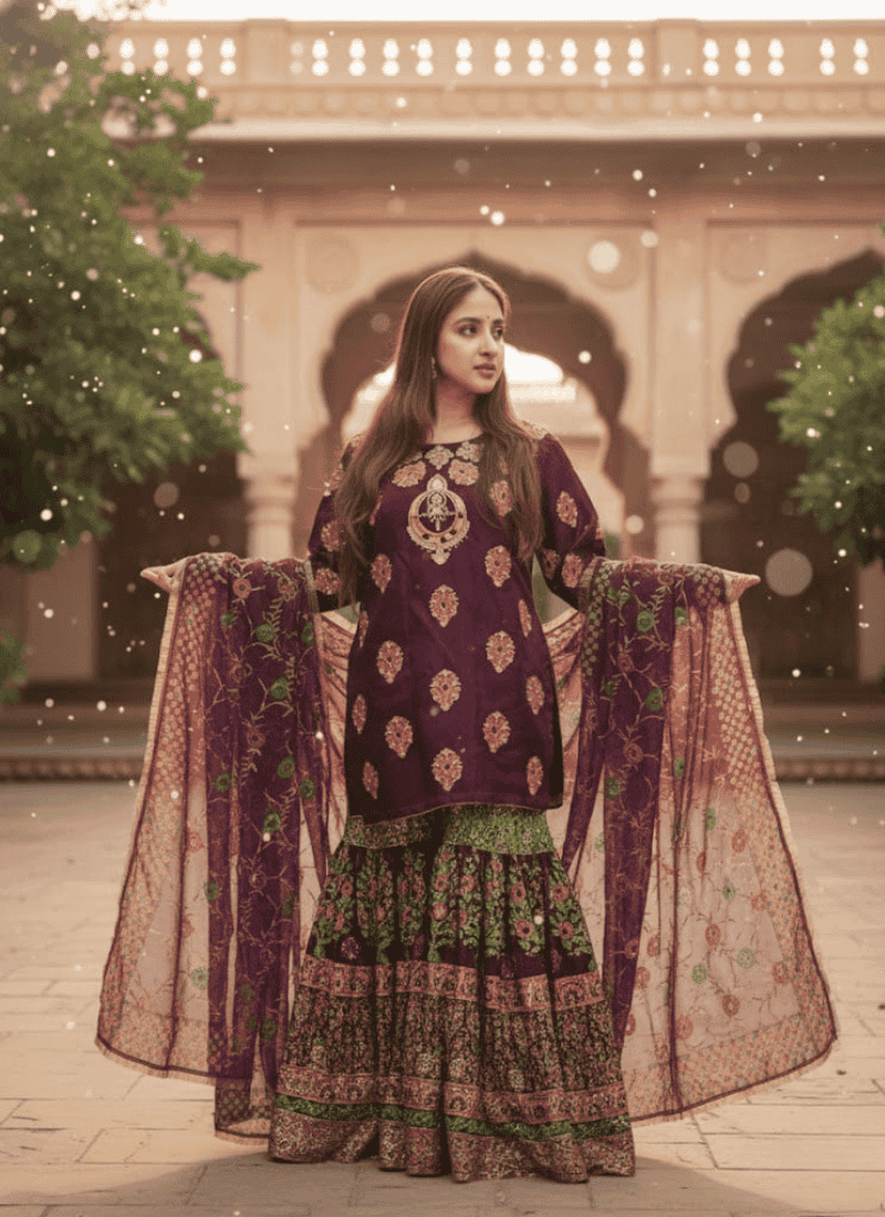Pakistani Sharara Suit – Dark Purple Royal Elegance