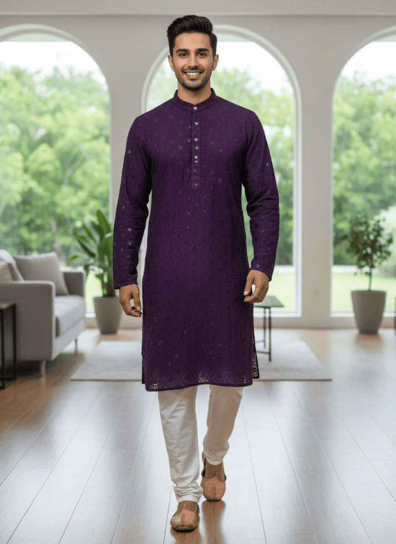 Men’s Kurta – Dark Purple Linen Cotton with Embroidery