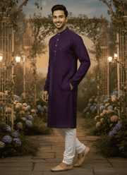 Men’s Kurta – Dark Purple Linen Cotton with Embroidery 4