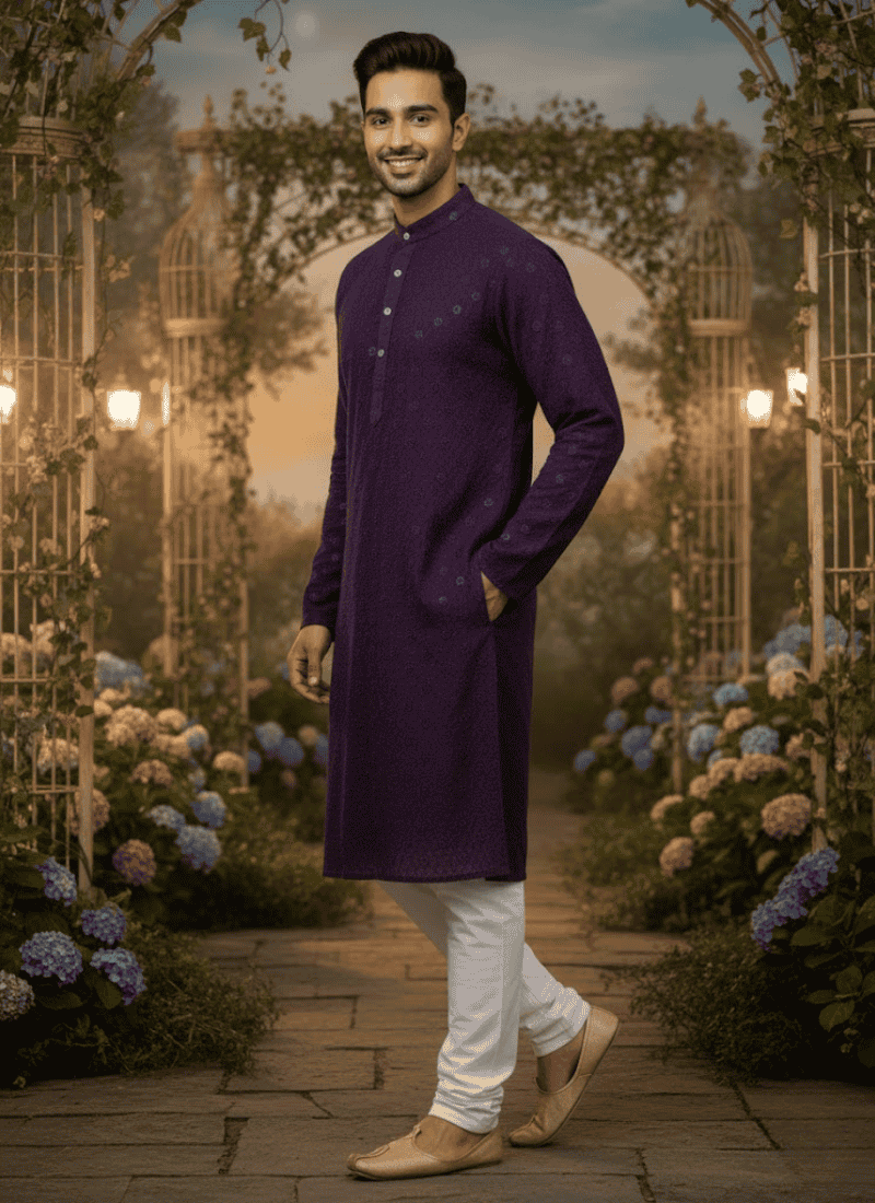 Men’s Kurta – Dark Purple Linen Cotton with Embroidery