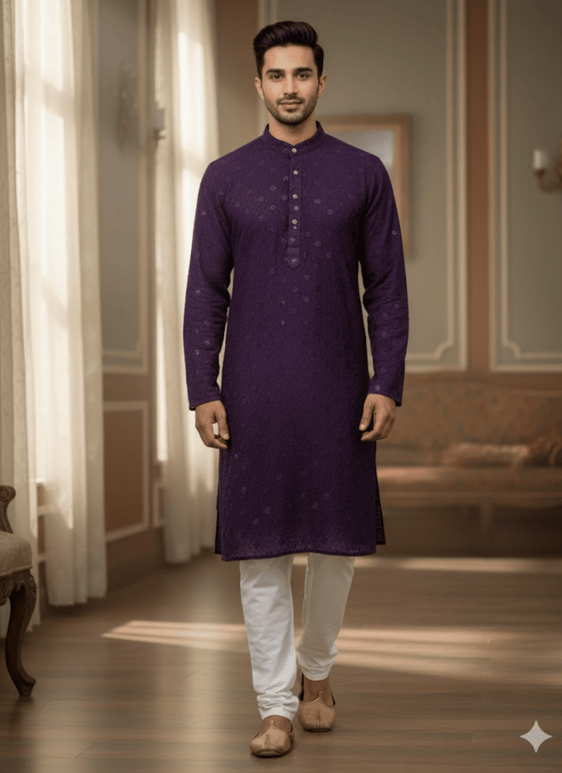 Men’s Kurta – Dark Purple Linen Cotton with Embroidery