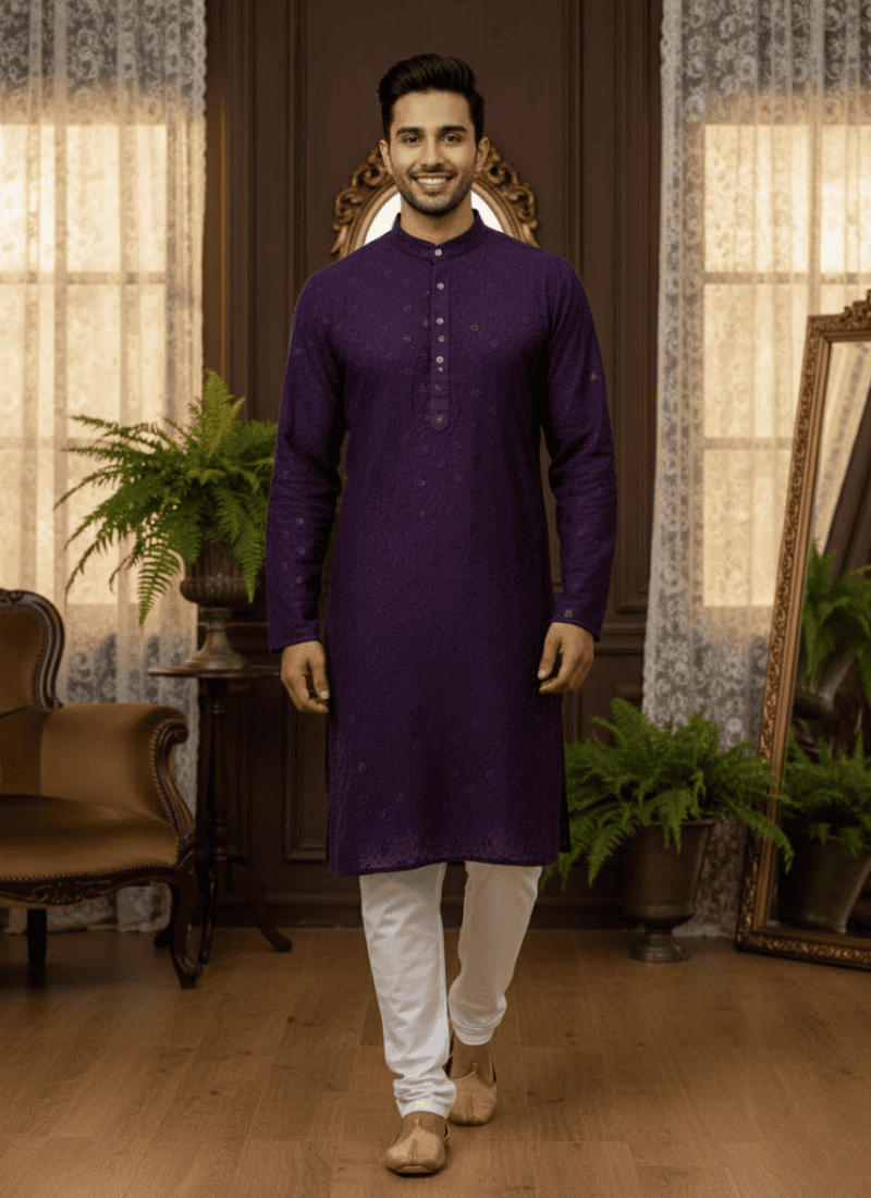 Men’s Kurta – Dark Purple Linen Cotton with Embroidery