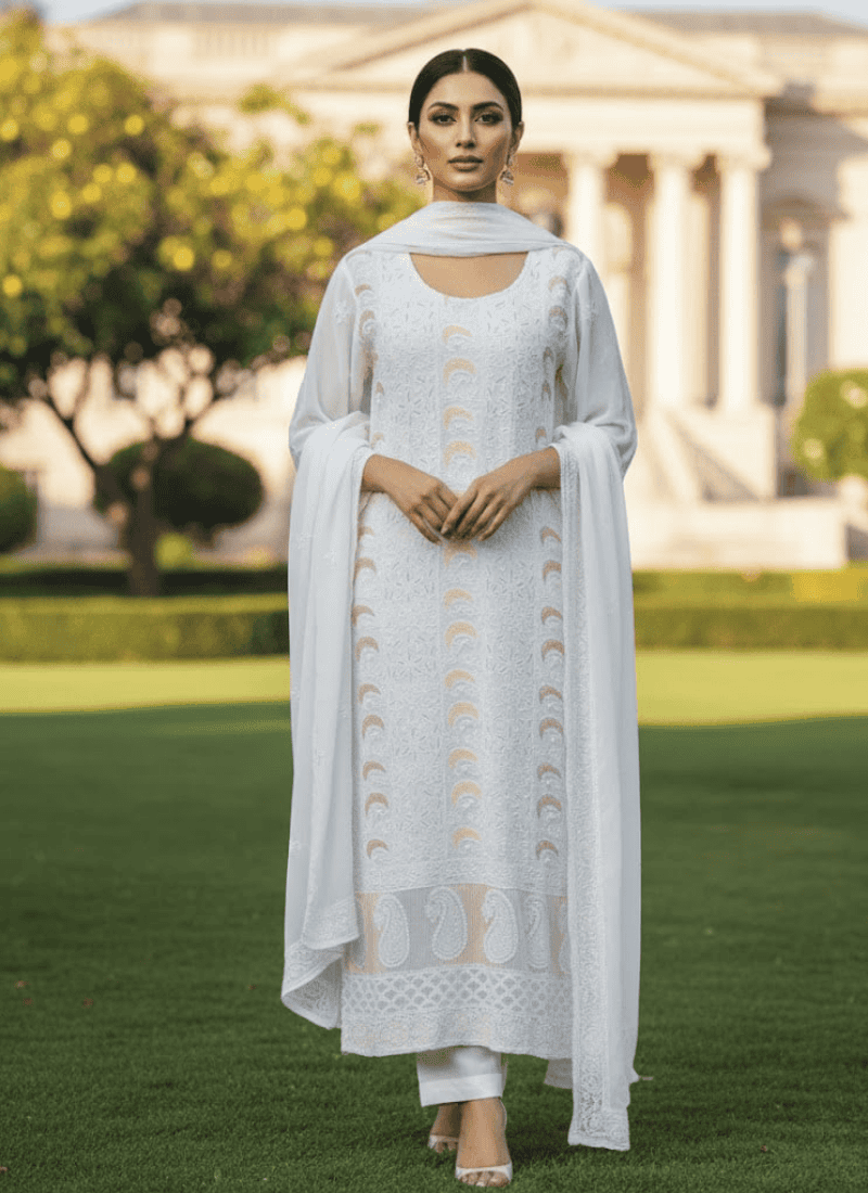White Lucknow Handloom Salwar Suit – Hand-Embroidered Chiffon