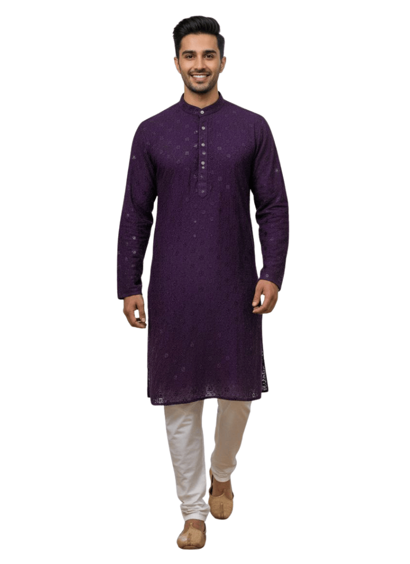 Men’s Kurta – Dark Purple Linen Cotton with Embroidery