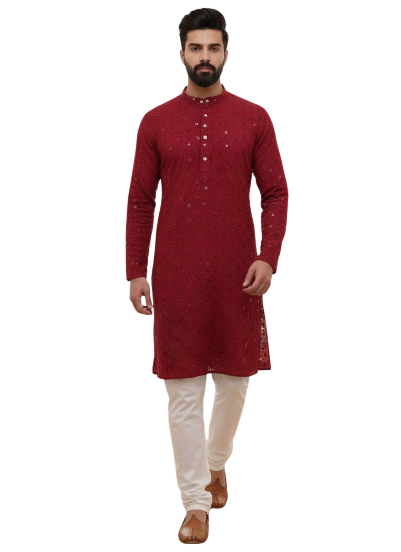 Men’s Kurta – Dark Red Linen Cotton with Embroidery