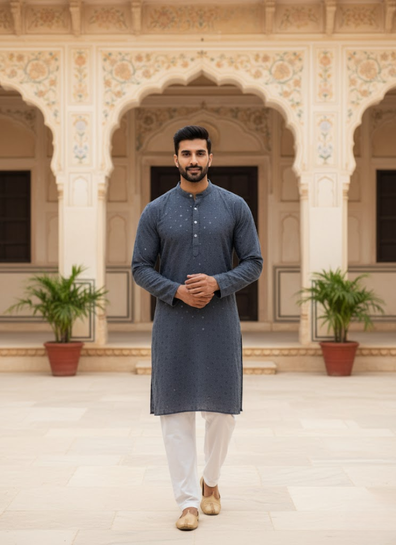 Men’s Kurta – Ash Linen Cotton with Embroidery & Sequence