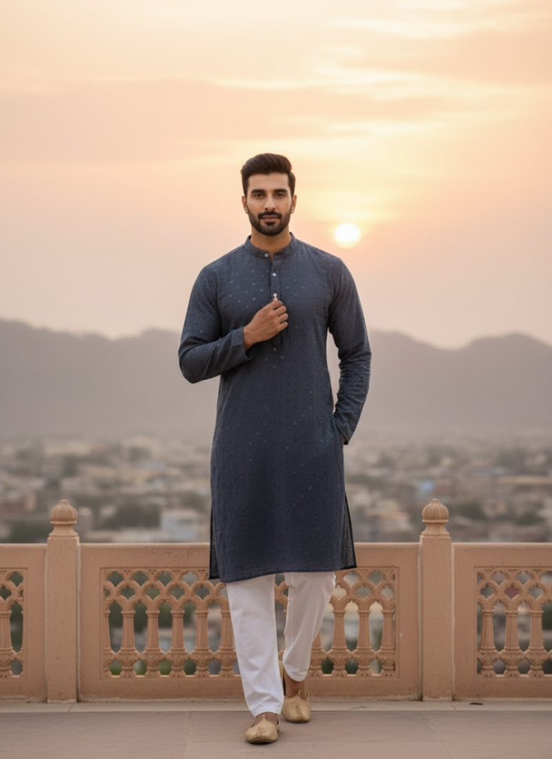 Men’s Kurta – Ash Linen Cotton with Embroidery & Sequence