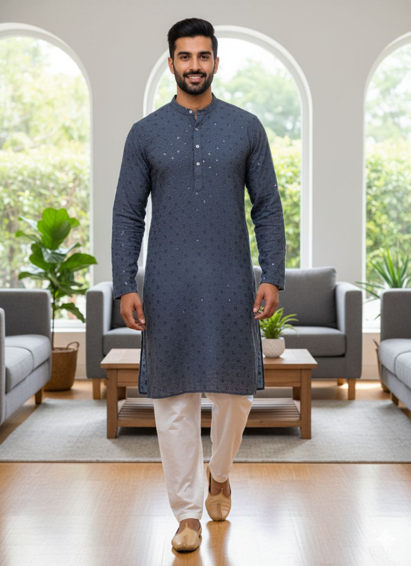 Men’s Kurta – Ash Linen Cotton with Embroidery & Sequence