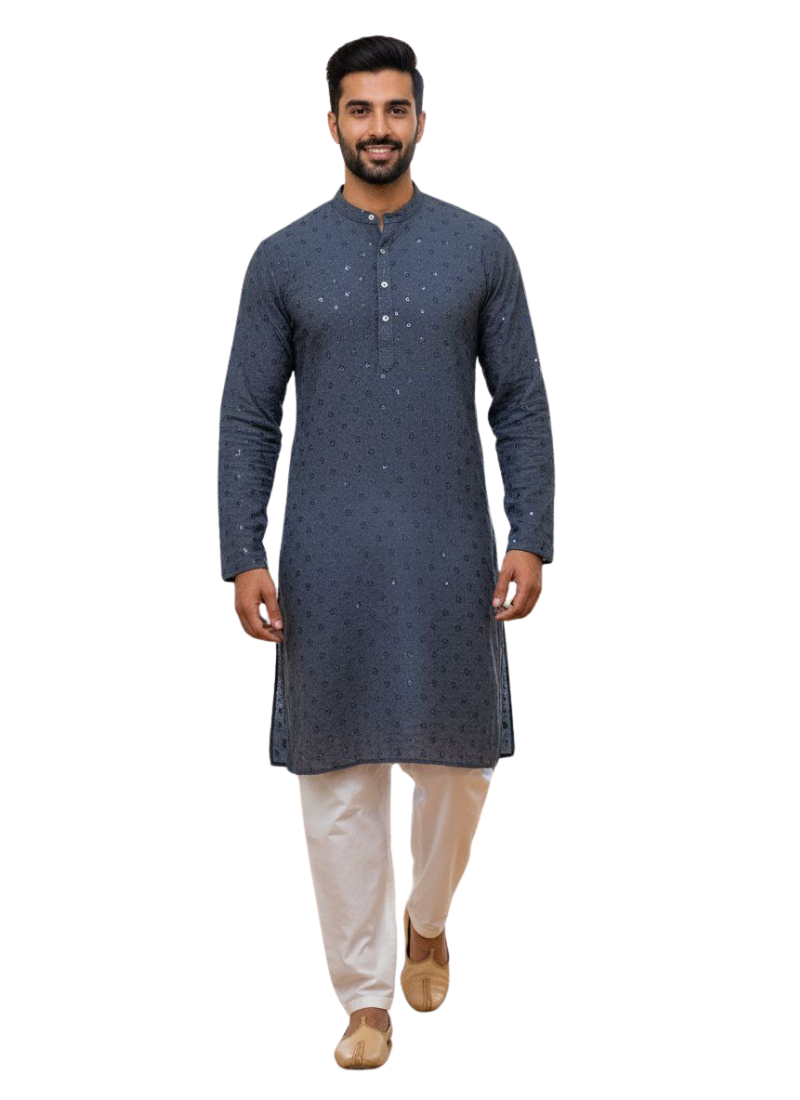 Men’s Kurta – Ash Linen Cotton with Embroidery & Sequence
