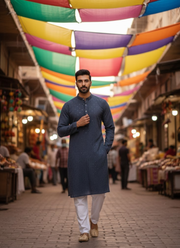 Men’s Kurta – Ash Linen Cotton with Embroidery & Sequence 2