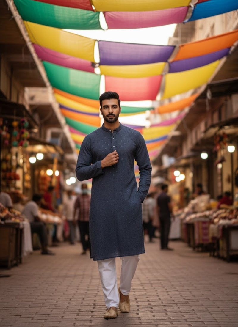 Men’s Kurta – Ash Linen Cotton with Embroidery & Sequence