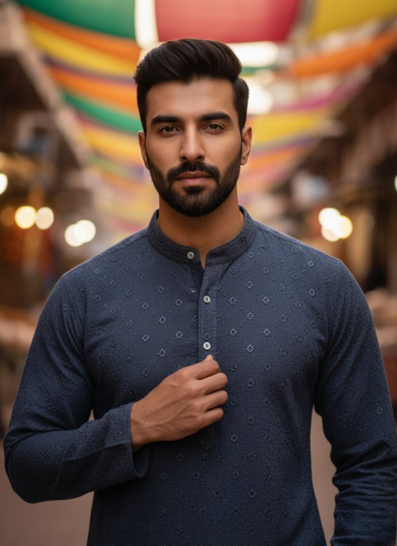 Men’s Kurta – Ash Linen Cotton with Embroidery & Sequence