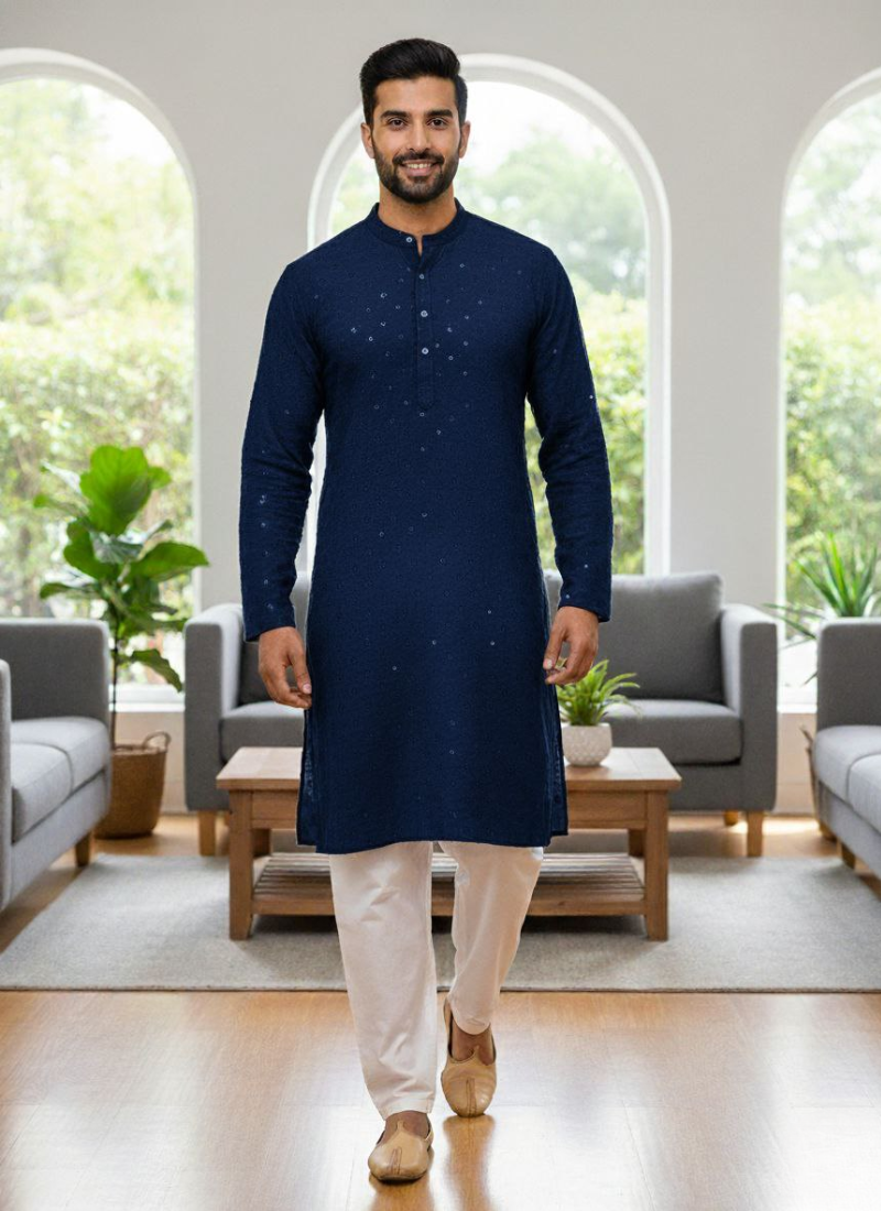 Men’s Kurta – Dark Navy Blue Linen Cotton with Embroidery