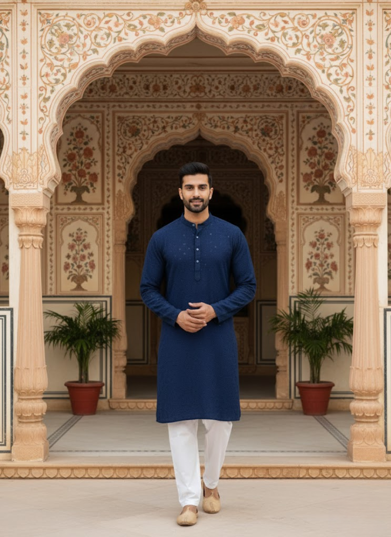 Men’s Kurta – Dark Navy Blue Linen Cotton with Embroidery