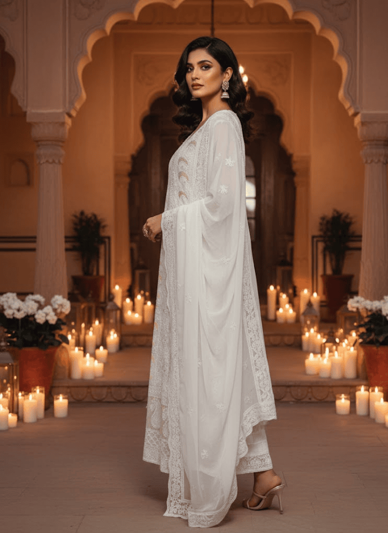 White Lucknow Handloom Salwar Suit – Hand-Embroidered Chiffon