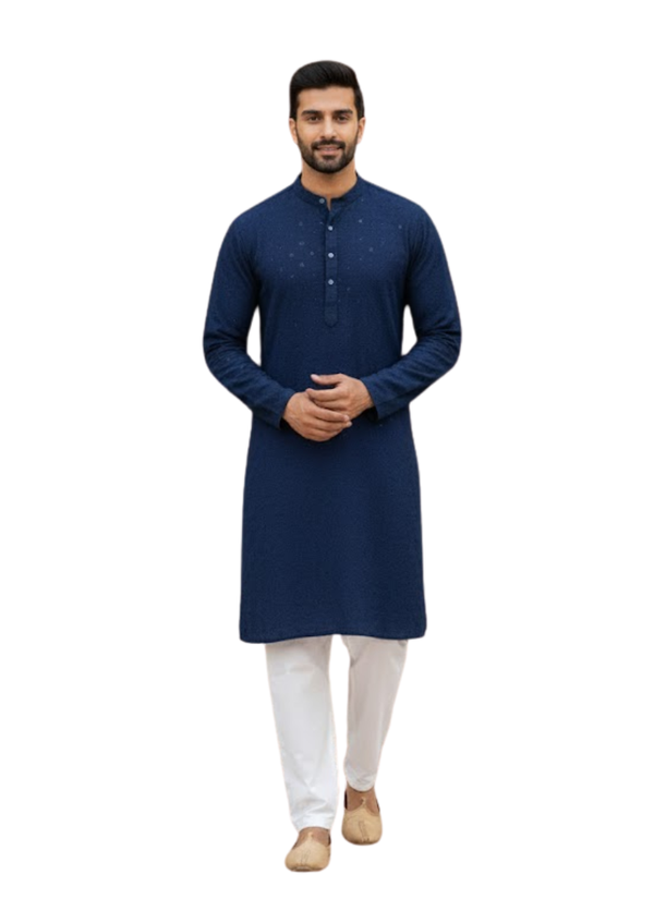 Men’s Kurta – Dark Navy Blue Linen Cotton with Embroidery Australia