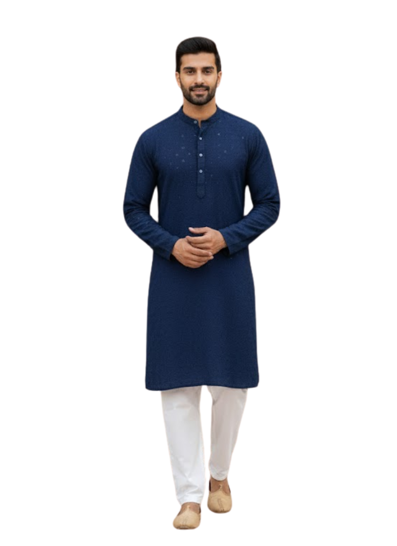 Men’s Kurta – Dark Navy Blue Linen Cotton with Embroidery