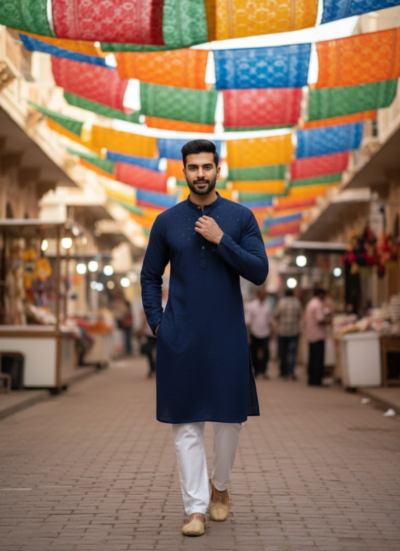 Men’s Kurta – Dark Navy Blue Linen Cotton with Embroidery