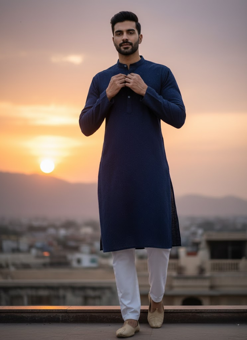 Men’s Kurta – Dark Navy Blue Linen Cotton with Embroidery