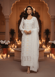 White Lucknow Handloom Salwar Suit with Chiffon Dupatta 5